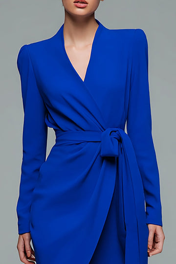 V-Neck Pencil Short Royal Blue Work Dress with Sash